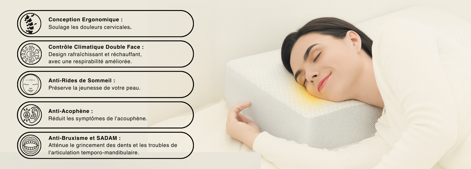 Oreiller ERGO ergonomique pour soulager SADAM, bruxisme et acouphènes